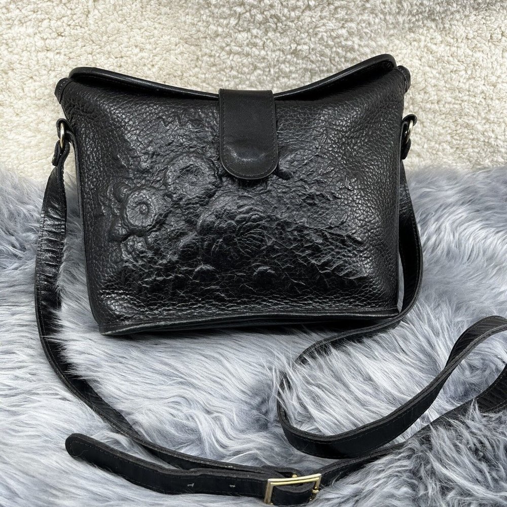 Vintage Bohemian Boho Tooled Leather Floral Embossed Black Crossbody Hand Bag